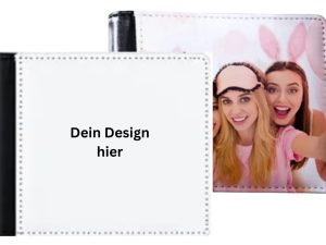 schwarzer Geldbeutel mit weißer Fläche und Bild, personalisierbar. Aufschrift: Dein Design hier