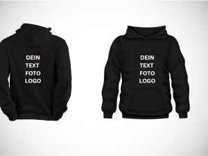 Schwarzer, personalisierbarer Hoodie. Ansicht vorne und hinten.