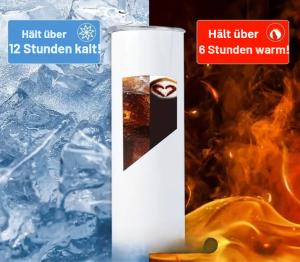 Bild eines Thermosbecher. Hält über 12 Stunden kalt. Hält über 6 Stunden Warm!
