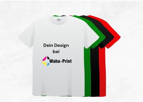T-Shirts in verschieden Farben: weiß, grün, schwarz, rot Mit Aufschrift Dein Design bei Waha-Print